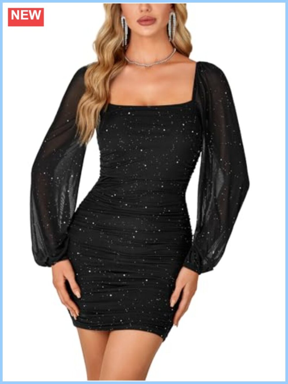 Glitter Mesh Long Sleeve Ruched Bodycon Mini Dress Square Neck Club Party